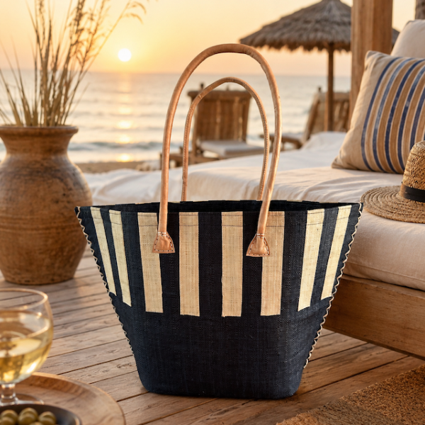 Raffia Strandtasche schwarz gestreift