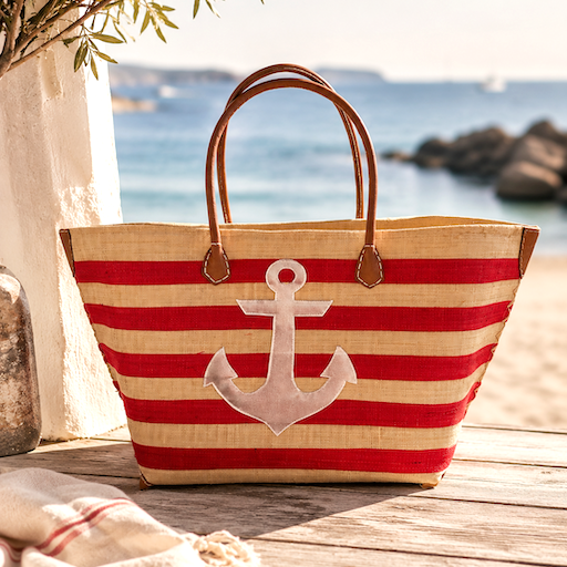 Raffia Korbtasche Anker rot beige gestreift